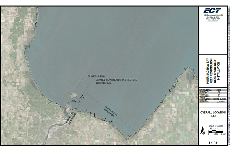 Map showing the location of the Saginaw Bay near-shore reef project near Channel Island, with coordinates, depth markers, and surrounding land use areas marked for reference.